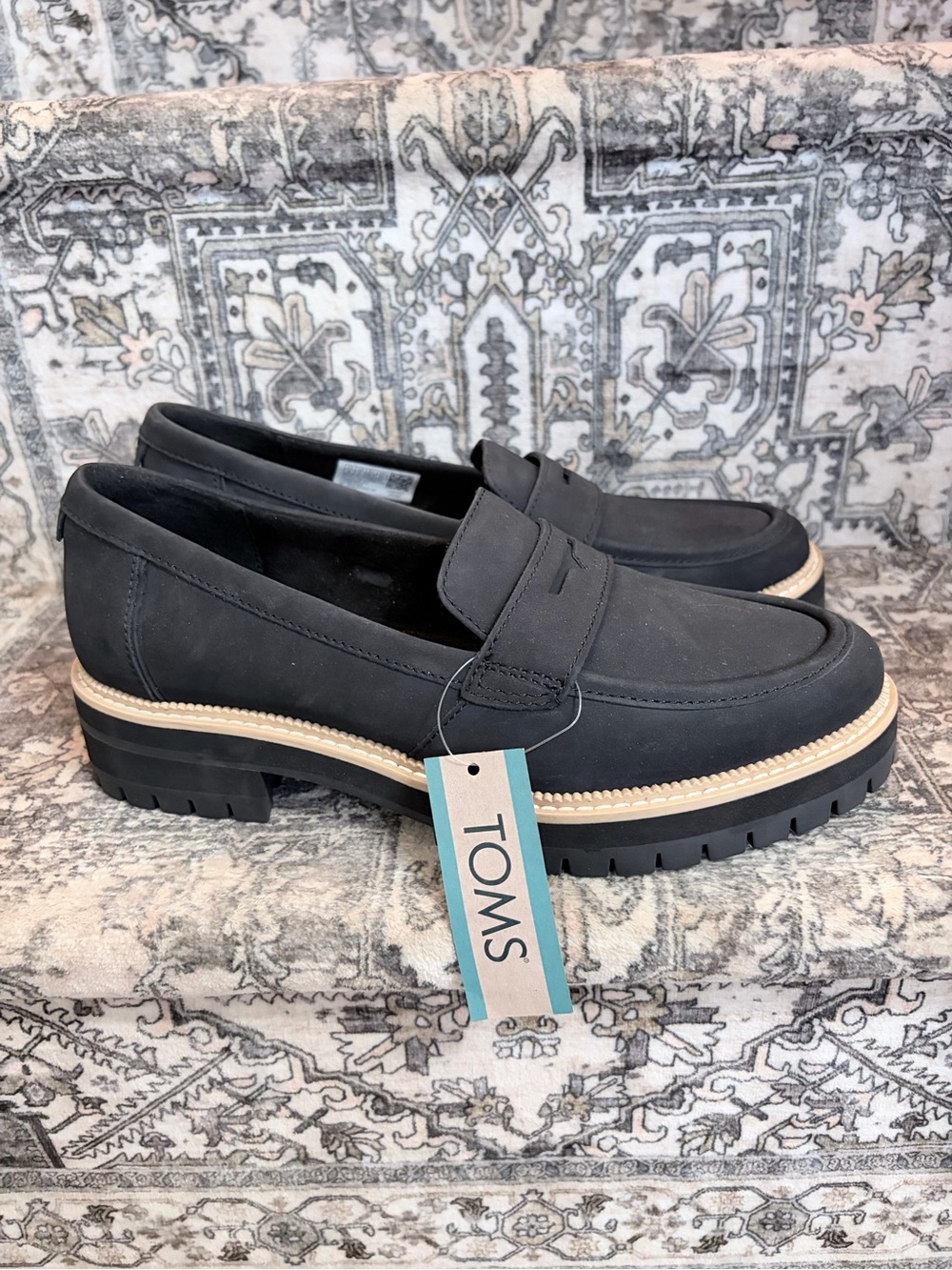 TOMS Women’s Cara Black Leather Lug Sole Penny Loafers with Contrast Welt